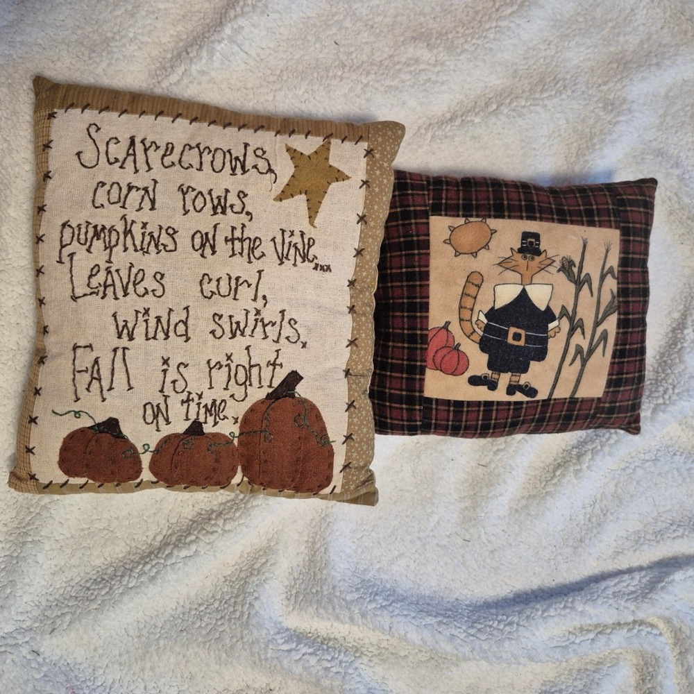 Primitive Fall Decorative Pillows Set 2 Autumn Thanksgiving Pumpkin Pilgrim Cat